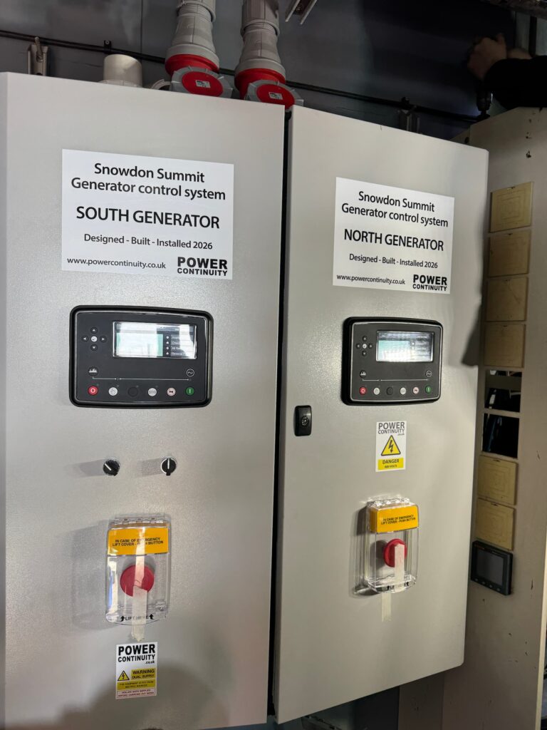 The completed, dual panel North and South Generator control system installed at the summit of Mount Snowdon, featuring remote startstop and head office telemetry.