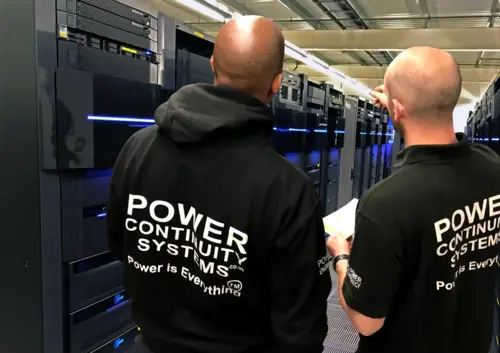 Power continuity engineers surveying data center ups systems